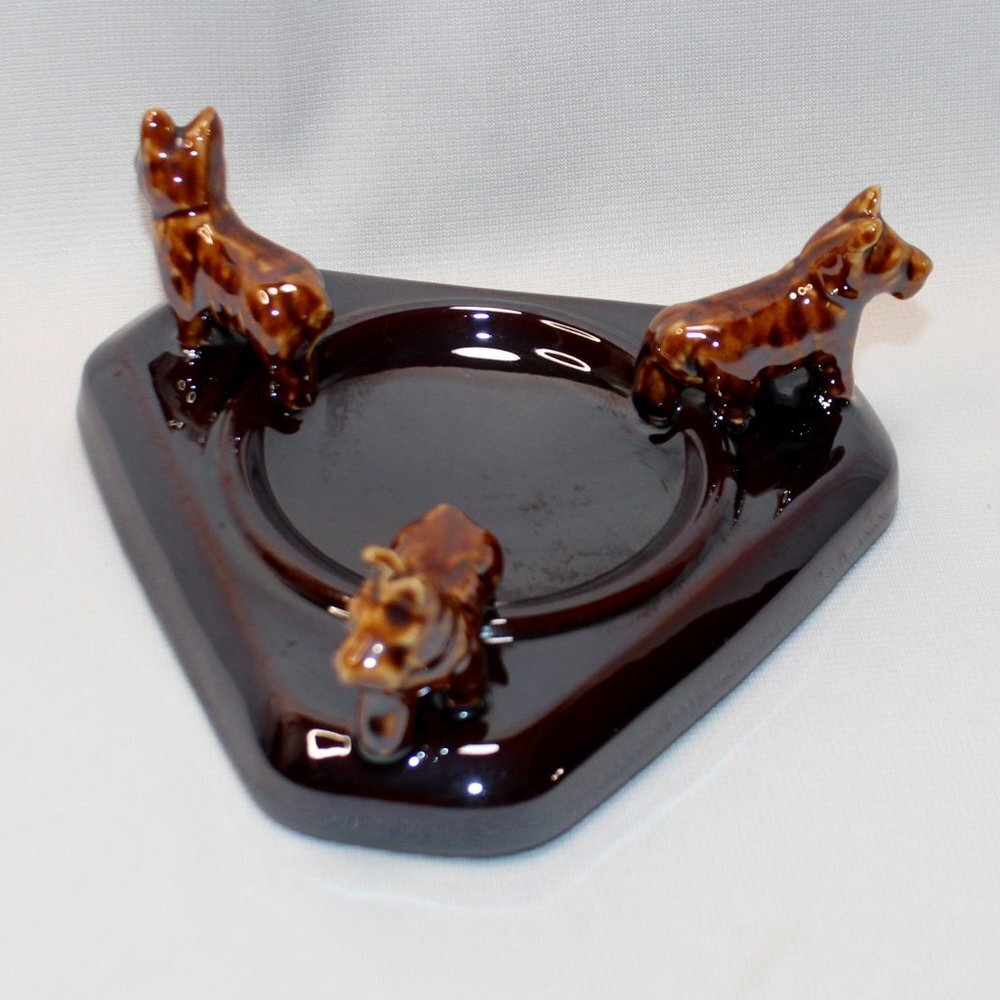 Vintage Trio Brown Scottish Terrier Dogs Ceramic Trinket Dish